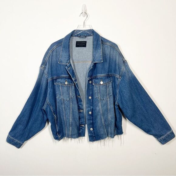 All Saints Women's Size 10 Blue Denim Piper Blue Cut Off Frayed Jean Jacket - Picture 5 of 13